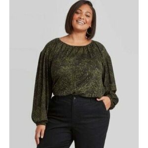 Ava & Viv Long Sleeve Peasant Blouse Green Black Size 3X